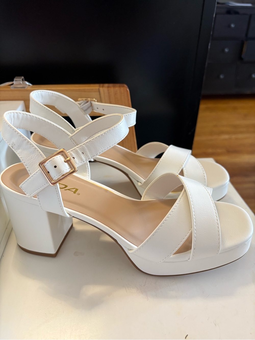 Soda White Platform Block Heel Sandals with Ankle Strap and Gold Buckle